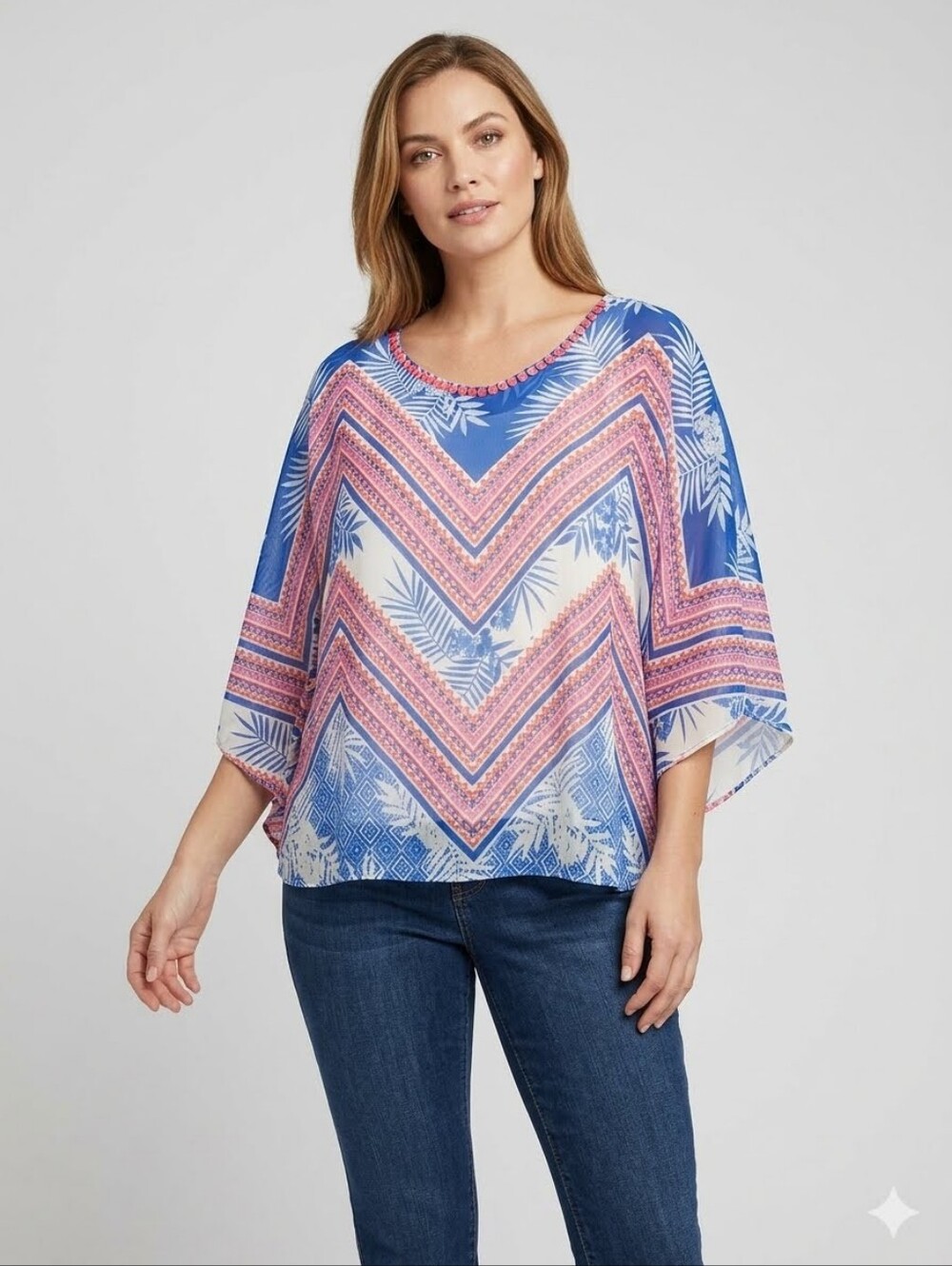 Ruby Rd. Large Blue & Pink Chevron Tropical Print Tunic